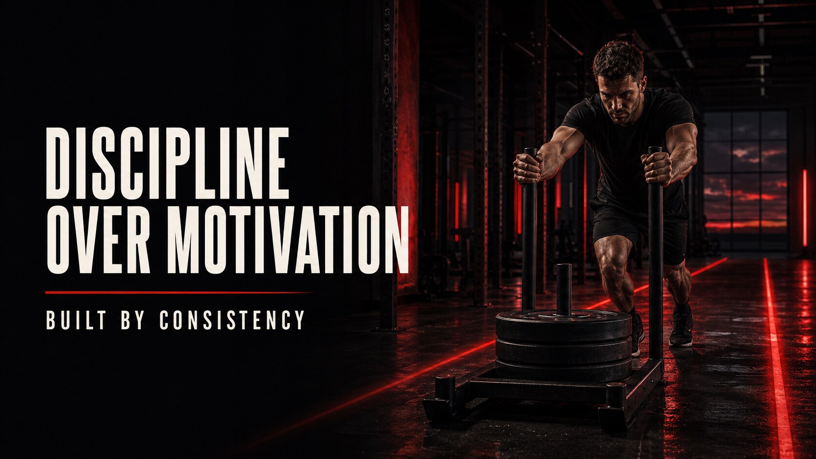 Man pushing a weighted sled in a dark gym, representing discipline over motivation