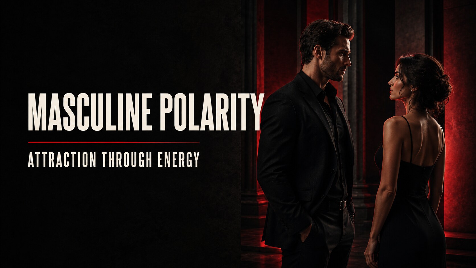 Man and woman facing each other under red light, representing masculine polarity