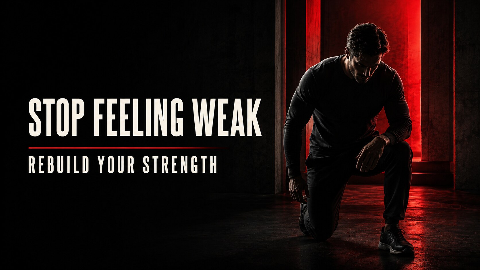 Man rising from one knee under red light, representing rebuilding inner strength