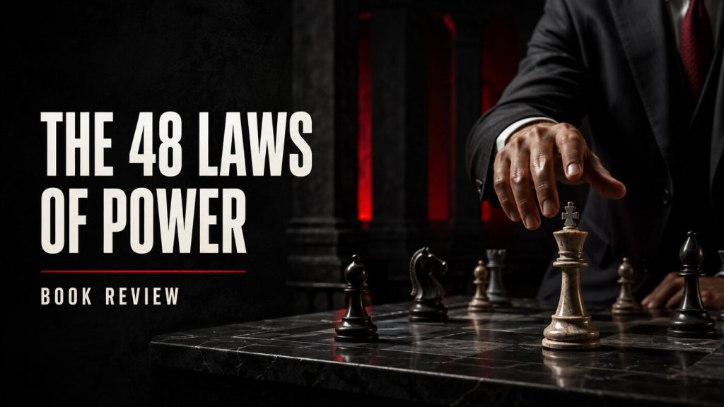 Hand moving a chess king beside The 48 Laws of Power book review title