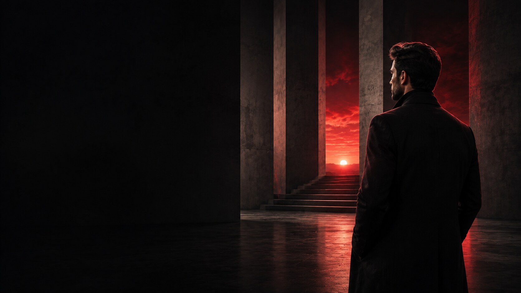 Man facing a red sunrise through dark architecture, representing strength, discipline, purpose, and leadership