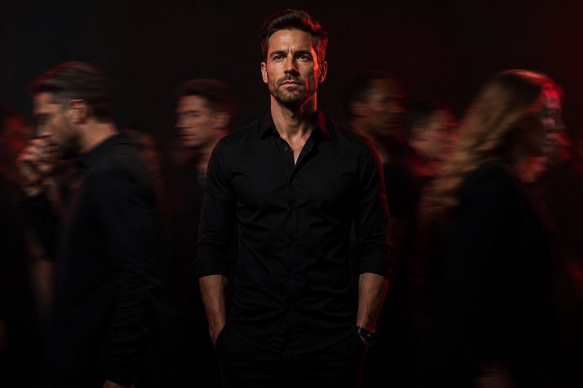 a composed adult man standing grounded while social pressure and blurred figures move around him, representing strong personal frame
