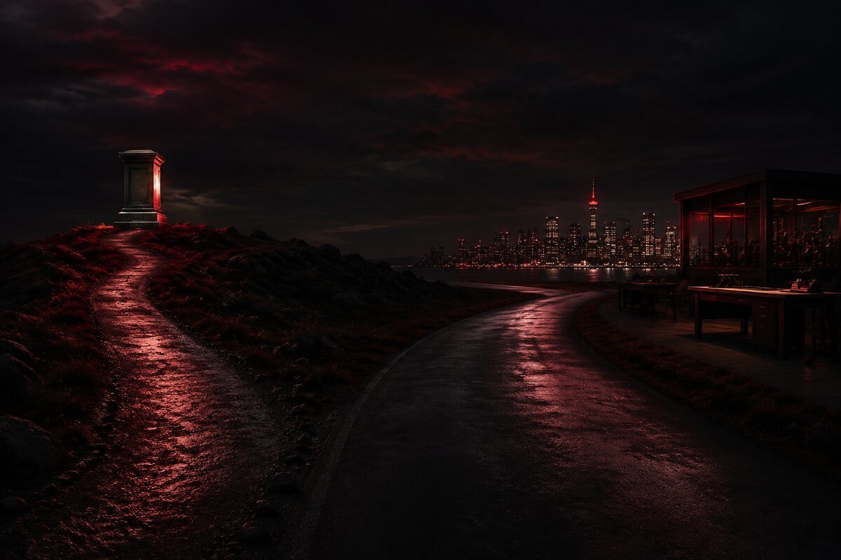 an adult man calmly walking away from an idealized glowing silhouette and toward a full purposeful city life, representing freedom from fixation
