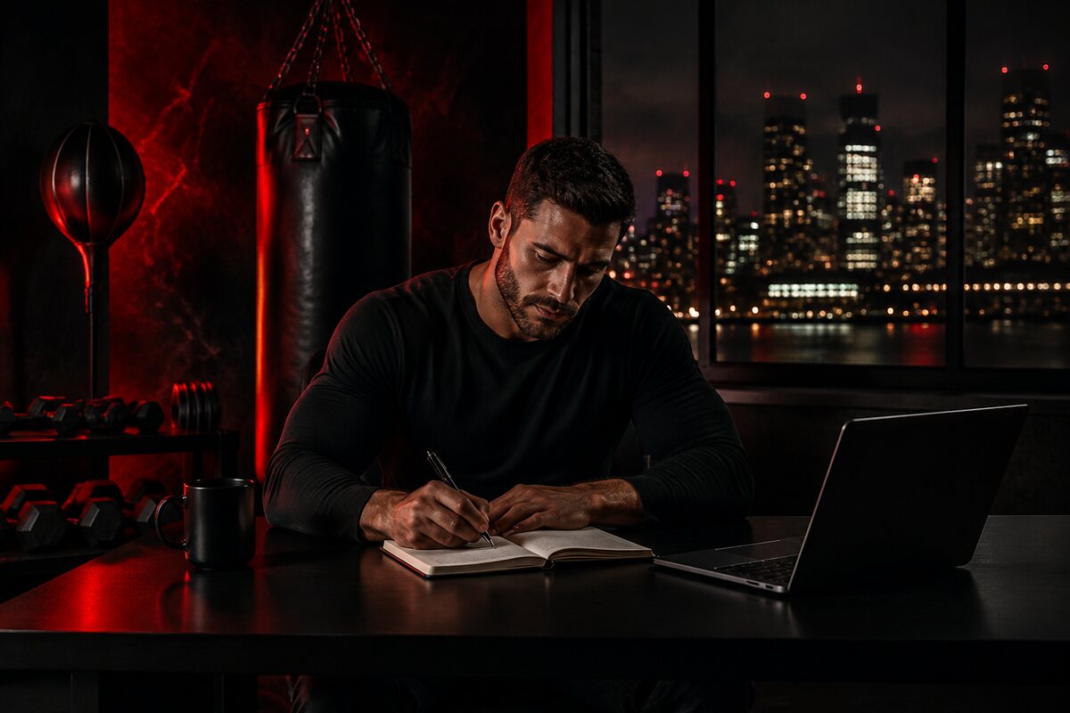 an adult man working at a desk beside training gear and a city skyline, building body career and purpose before chasing approval