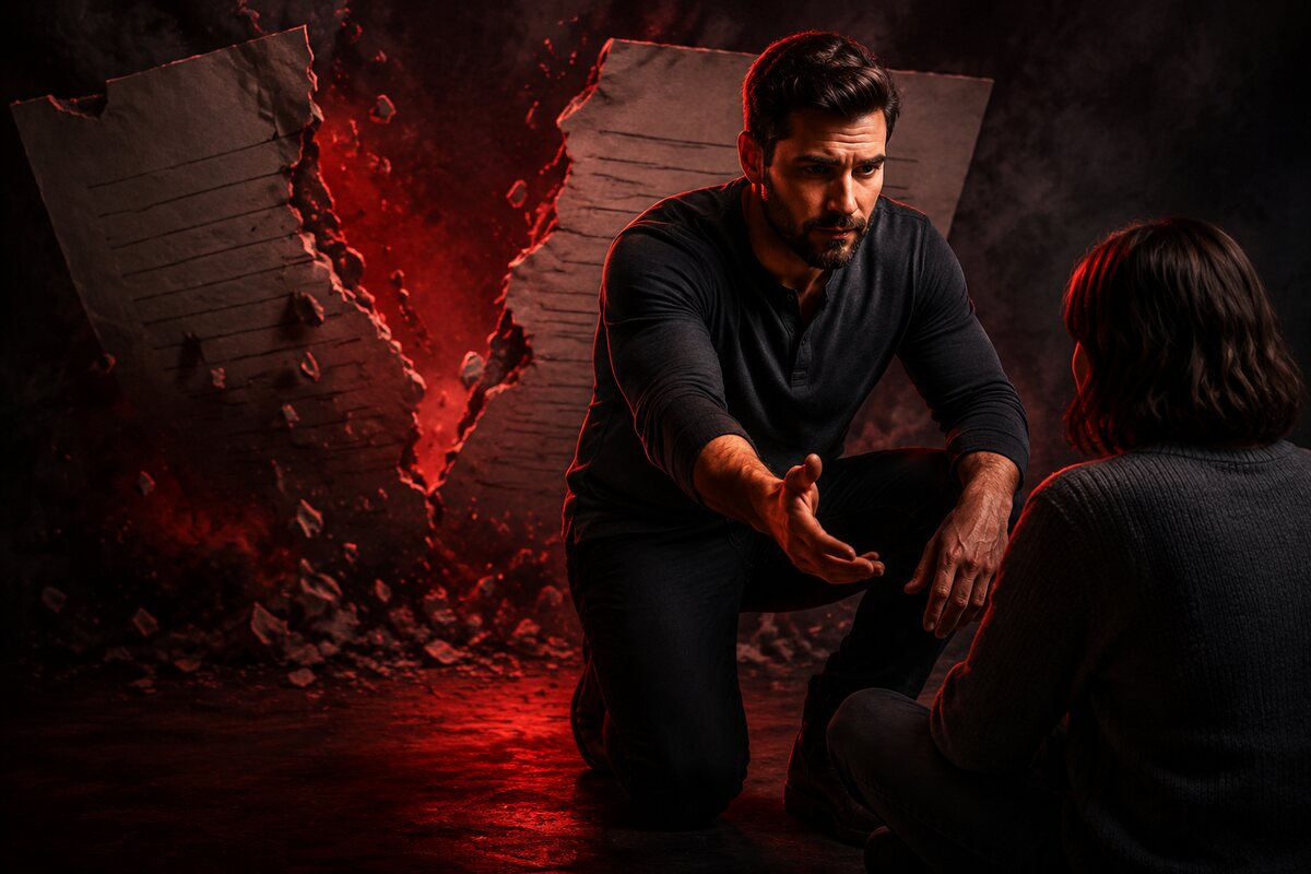 a man offering help while a hidden symbolic contract tears apart behind his back, representing unspoken expectations