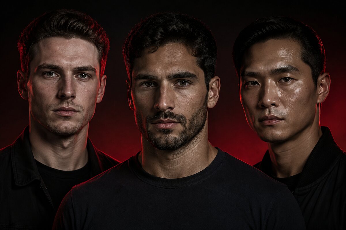 three adult men with dry normal and oily skin shown in tasteful close editorial portraits, natural texture