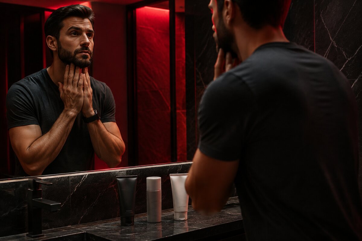 a clean masculine bathroom counter with generic cleanser moisturizer and sunscreen arranged in correct morning sequence