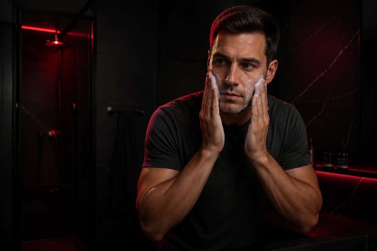a man following a simple evening face cleansing and moisturizing routine in a dark modern bathroom