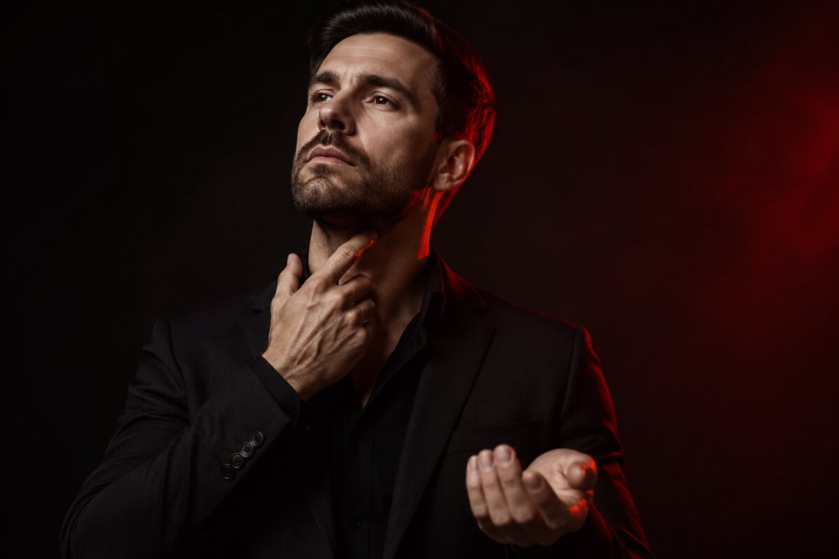 tasteful editorial diagram-like photo of an adult man indicating neck and wrist fragrance pulse points without text labels
