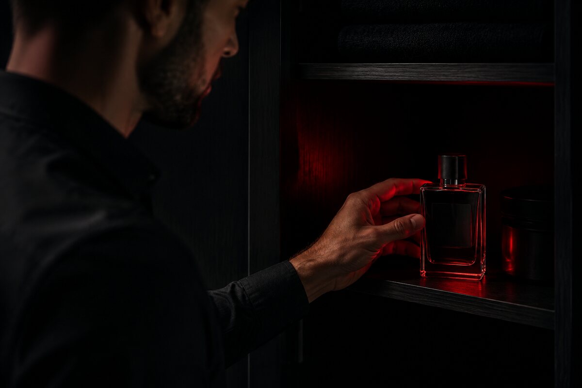 an unbranded fragrance bottle stored upright inside a cool dark cabinet away from heat and sunlight