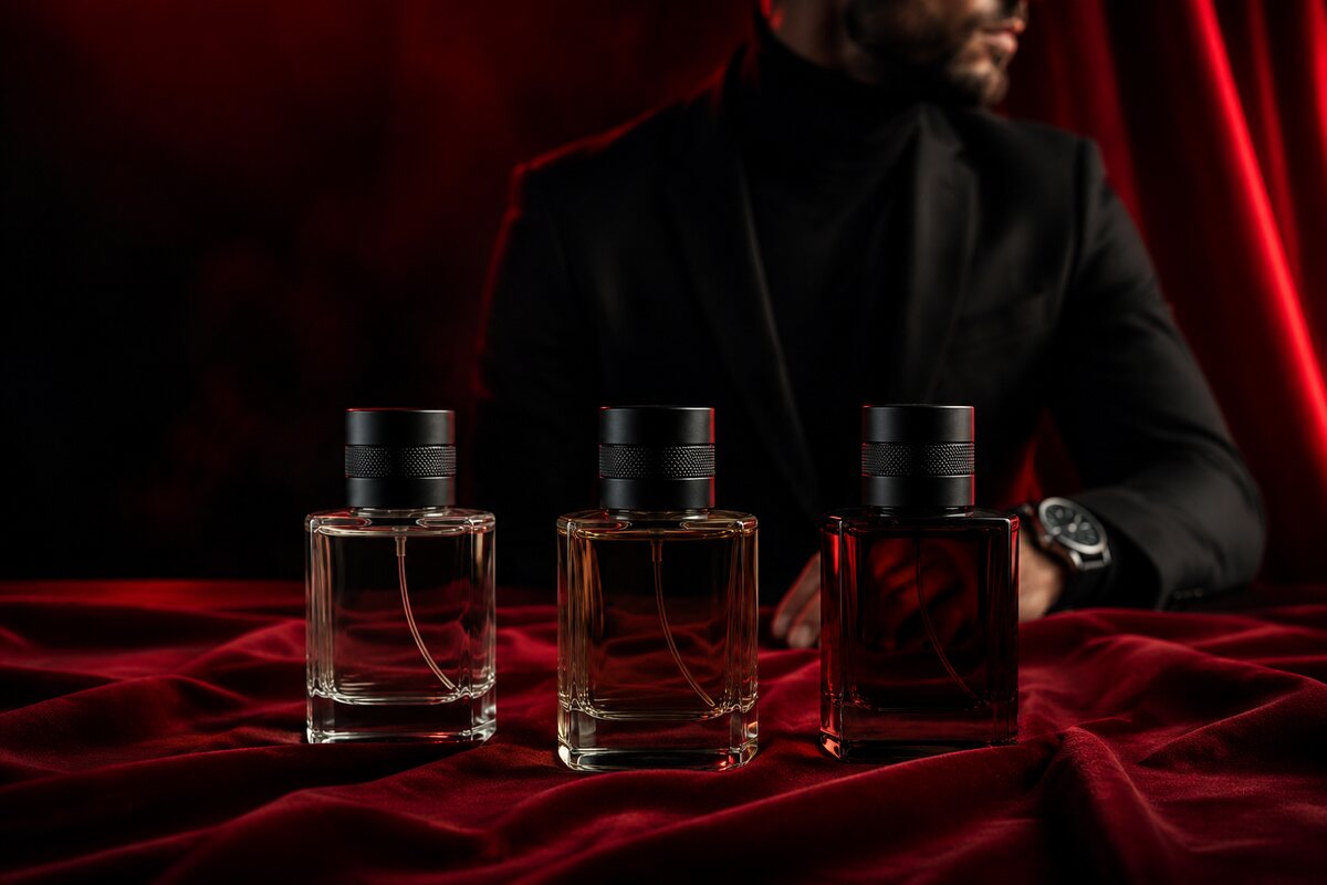 three elegant unbranded fragrance bottles representing light medium and rich concentration on deep red cloth