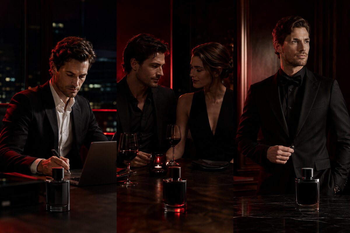 three cinematic male settings for office date night and formal evening, each paired with a subtle generic fragrance bottle
