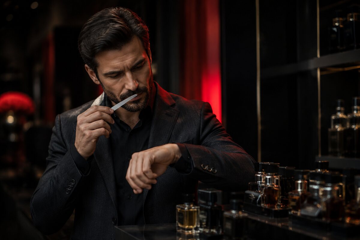 a well-groomed man testing a fragrance carefully on a paper strip and wrist at a sophisticated counter