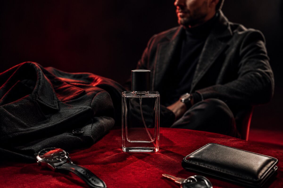 one clean versatile unbranded fragrance bottle beside a dark jacket and everyday essentials on red cloth