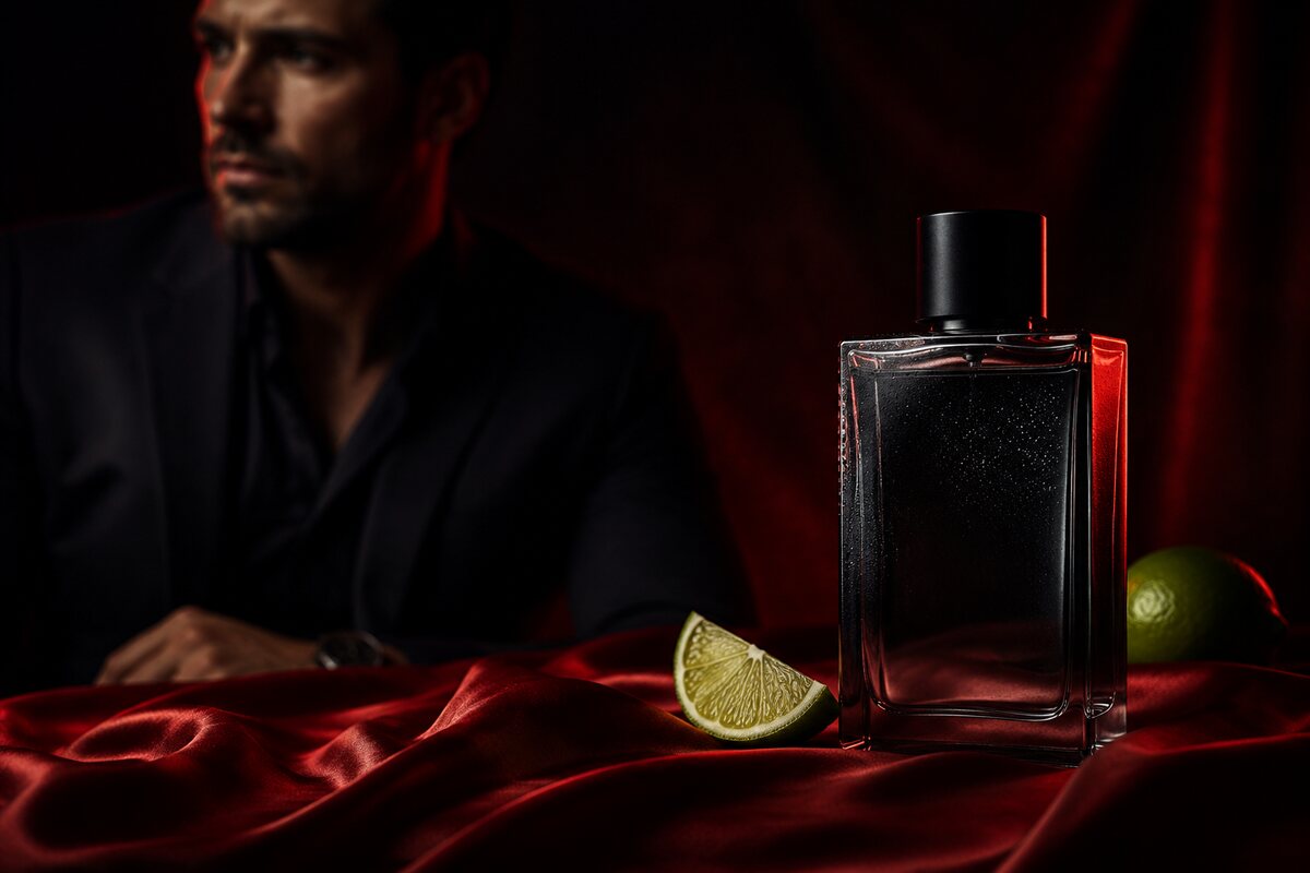 one fresh unbranded fragrance bottle with cool glass condensation and restrained citrus elements on red silk