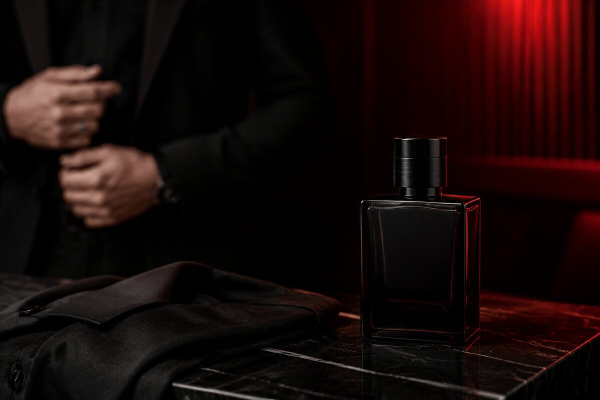 one dark elegant unbranded evening fragrance bottle beside tailored black clothing in deep crimson light