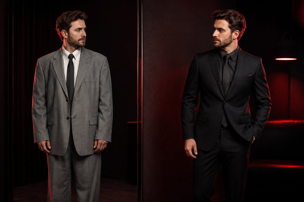 a well-groomed man comparing a poorly fitted outfit with a sharp tailored dark outfit, same person