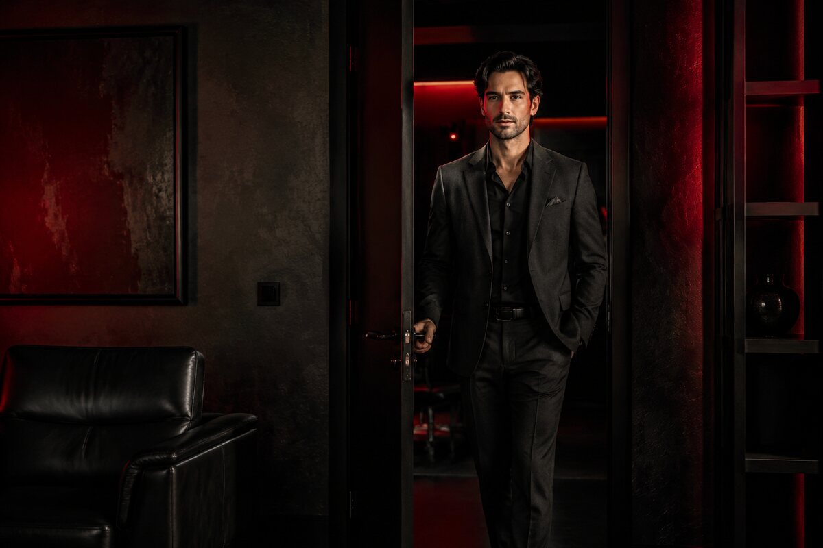 a polished man entering a room with calm eye contact controlled posture and quiet confidence