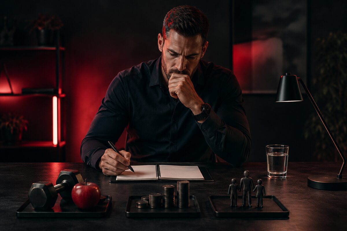 a man conducting an honest life audit at a clean desk with symbolic areas of health work money and relationships, no readable text