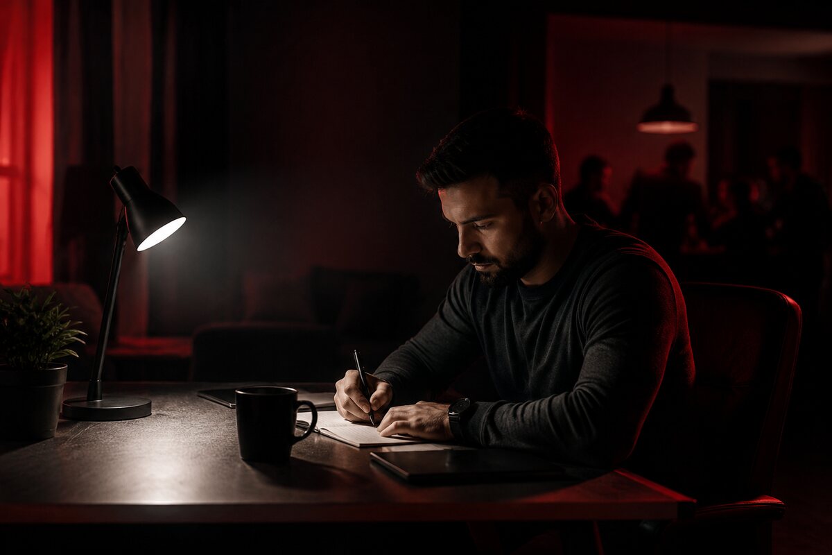 a disciplined man beginning focused work early while distractions remain dark and distant