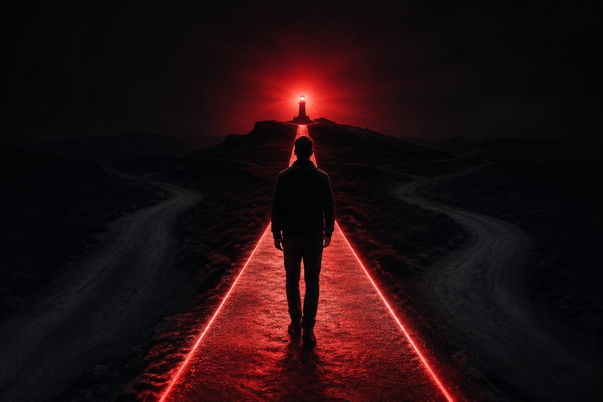 a man following one clear red-lit path through competing dark directions toward a meaningful mission