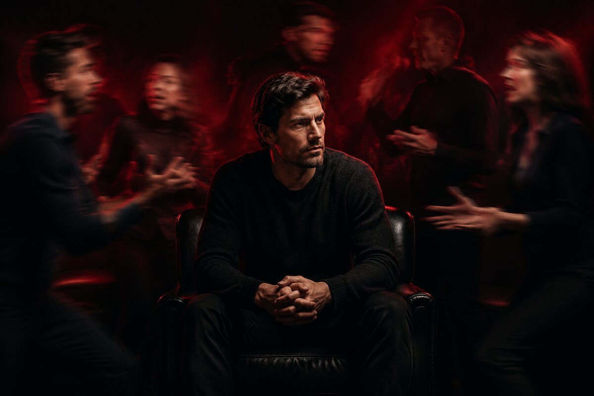 a composed man remaining grounded while social pressure and emotional chaos move around him
