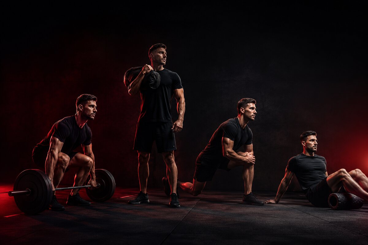 one cinematic training scene representing strength muscle conditioning mobility and recovery in a clear visual progression