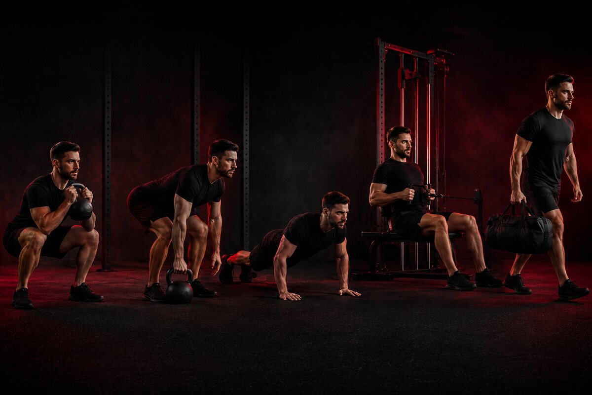 an athletic man shown performing squat hinge push pull and carry movements with realistic anatomy
