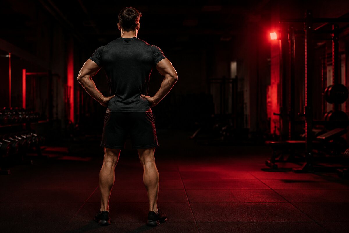 an athletic adult man with realistic broad shoulders lats and balanced legs in a dark gym
