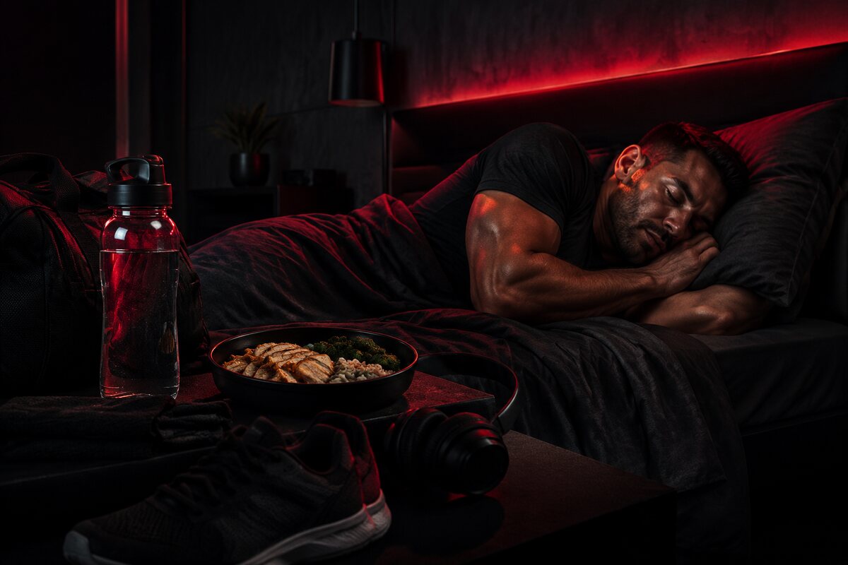 a calm recovery scene combining sleep hydration nutritious food and prepared training gear