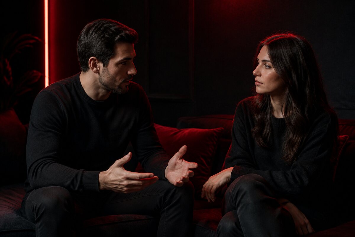 an adult couple discussing a boundary calmly with mutual agency and respectful body language
