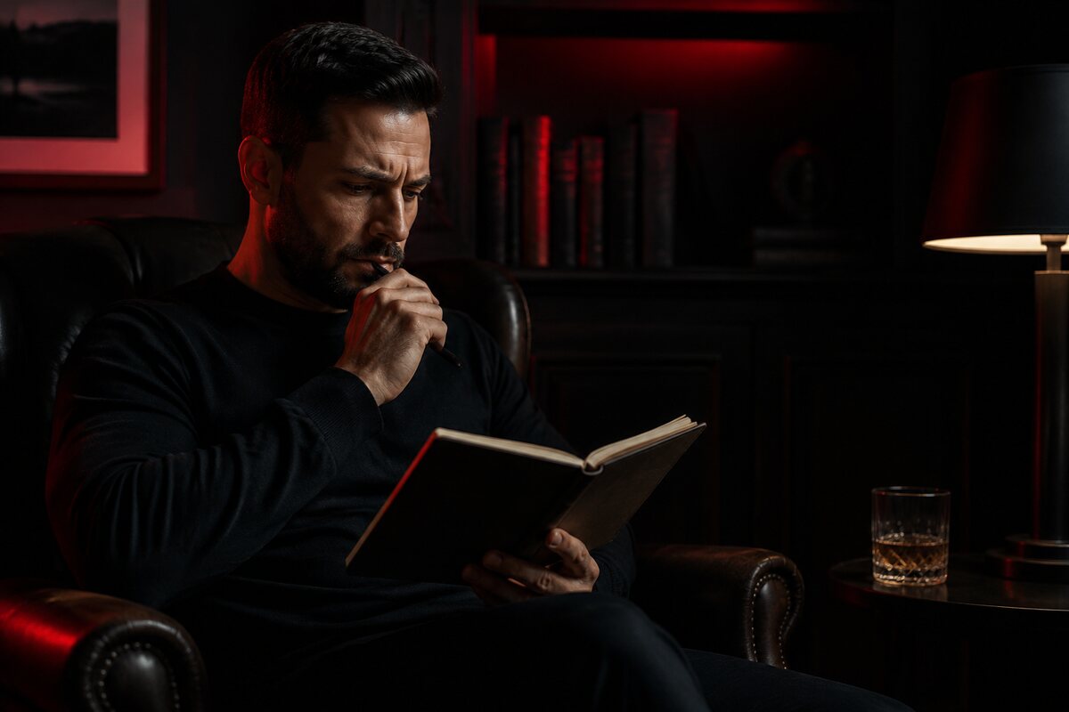 a thoughtful man studying dating patterns and personal frame without showing any real book cover