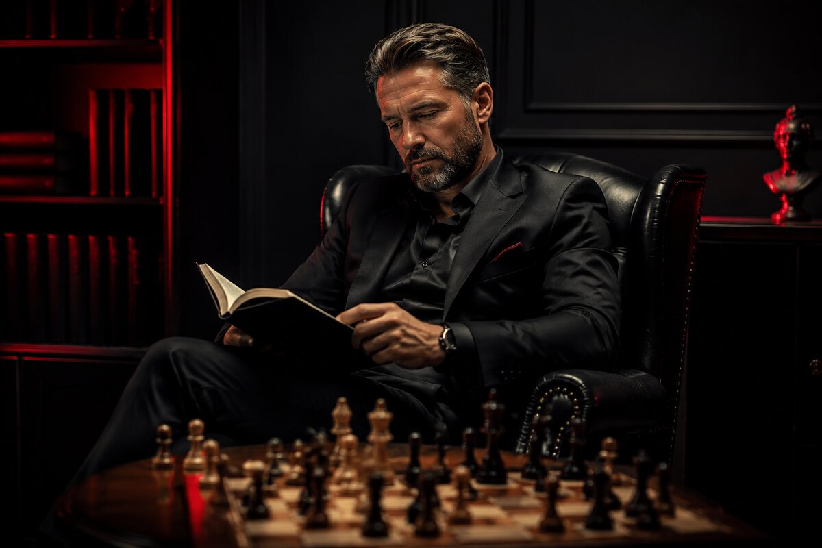 a strategic man reading beside a chessboard in a dark study, no copyrighted cover or readable text