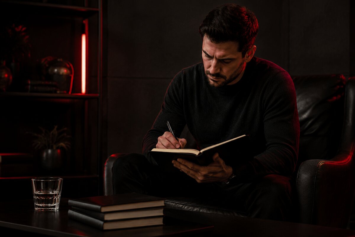 a man reading taking notes and applying one lesson through disciplined daily action, no readable writing