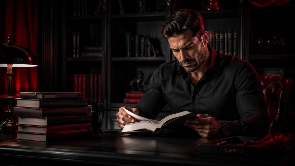 Man reading at a desk beside books in a dark black and red study