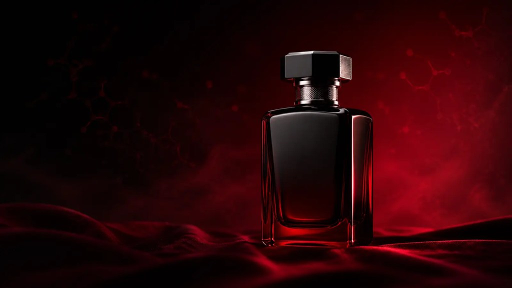 Black fragrance bottle on red silk for the best pheromone colognes for men in 2026