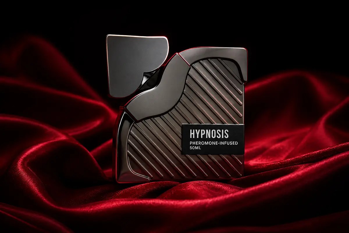 Cupids Hypnosis 3.0 pheromone cologne bottle displayed on red silk