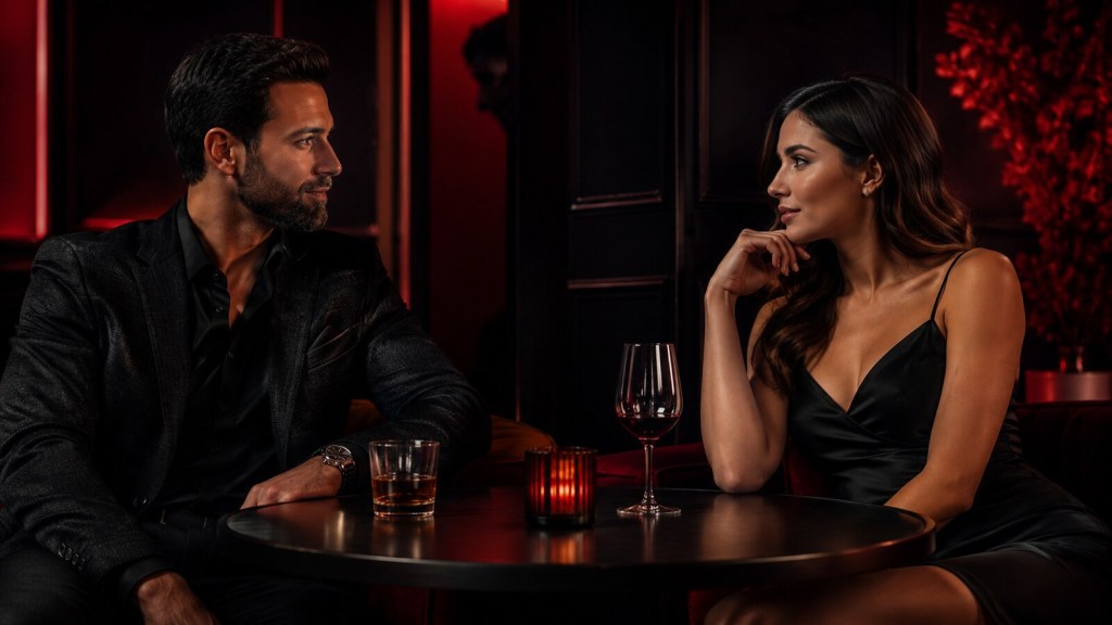 Man and woman having a confident conversation in a sophisticated black and red lounge