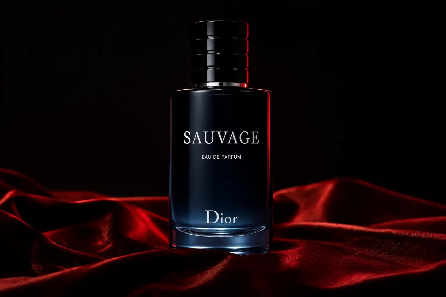 Editorial image of Dior Sauvage Eau de Parfum on red silk