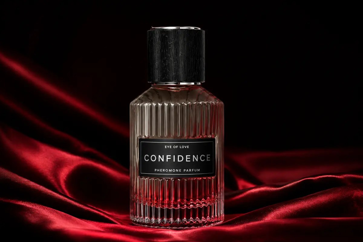 Eye of Love Confidence pheromone cologne bottle displayed on red silk