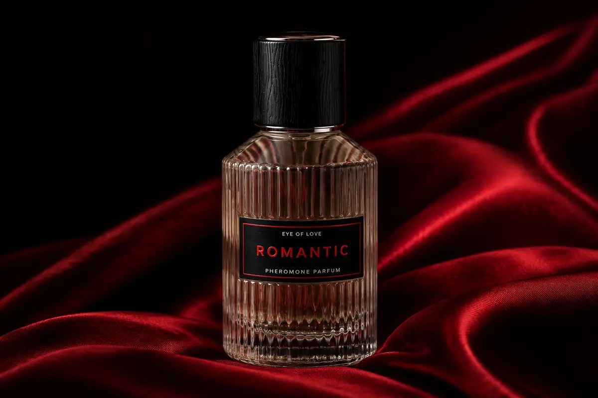 Eye of Love Romantic pheromone cologne bottle displayed on red silk