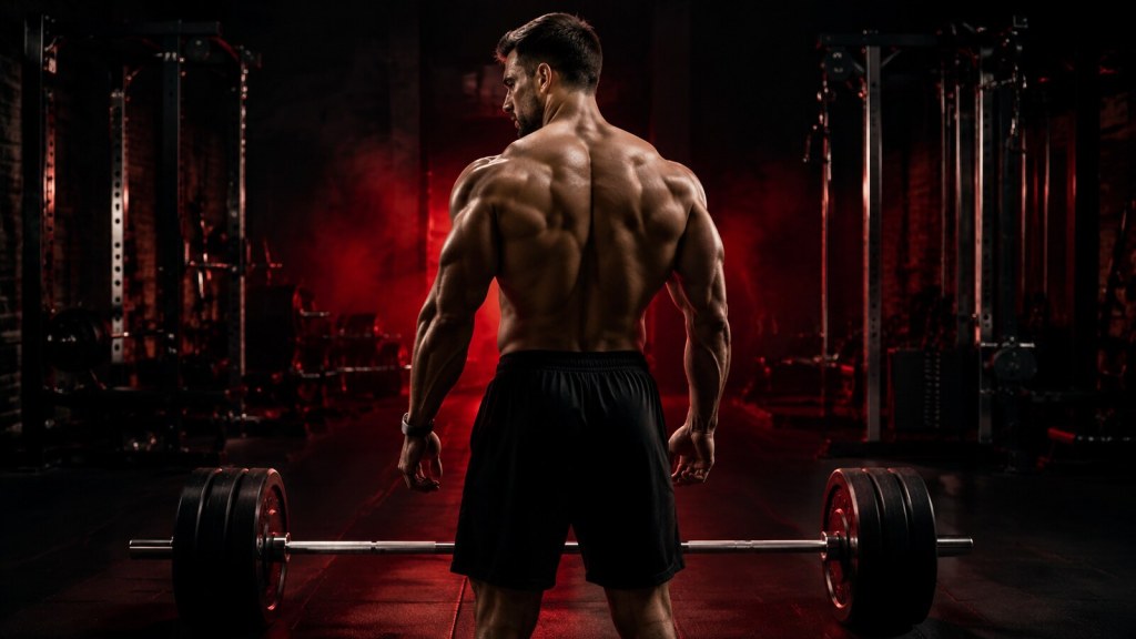 Athletic man in a black and red gym, representing strength, muscle and fitness