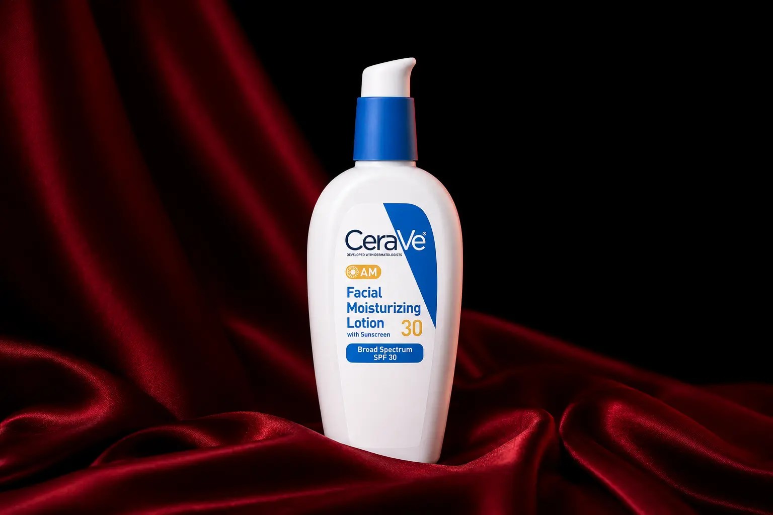 CeraVe AM Facial Moisturizing Lotion SPF 30 on red silk