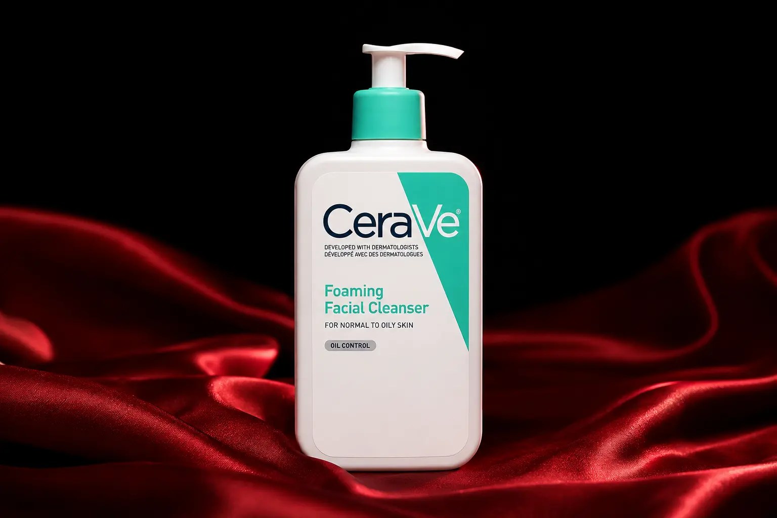 CeraVe Foaming Facial Cleanser on red silk