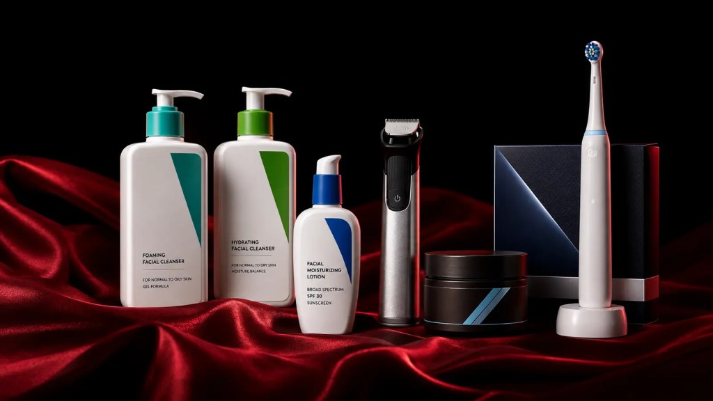 Men's looksmaxxing products arranged on red silk