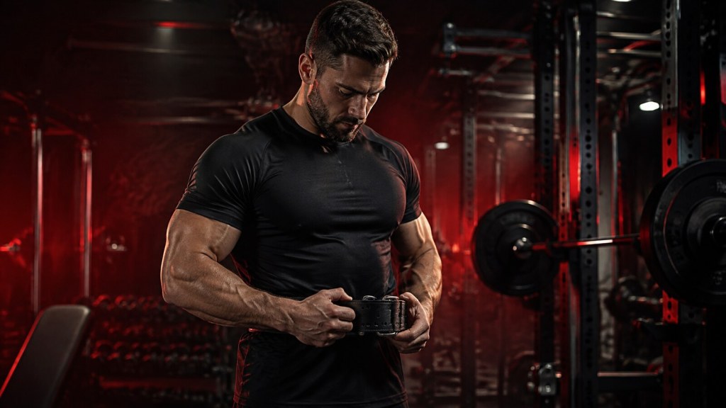 Fit man tightening a lifting belt in a dark gym with red lighting