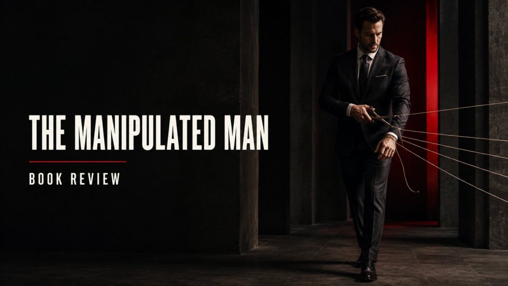 Man cutting puppet strings from his wrist beside The Manipulated Man book review title