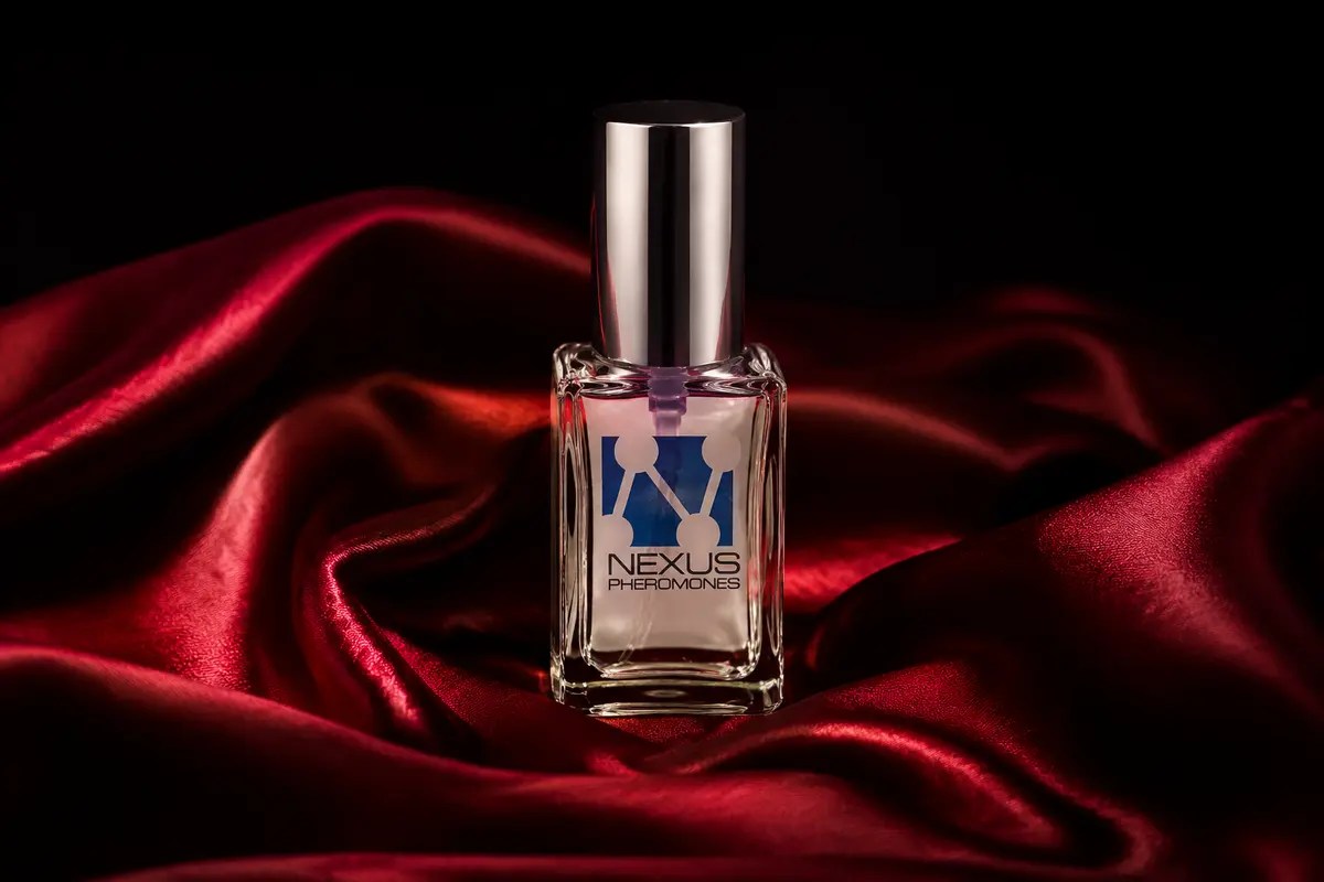 Nexus Pheromones clear cologne bottle displayed on red silk