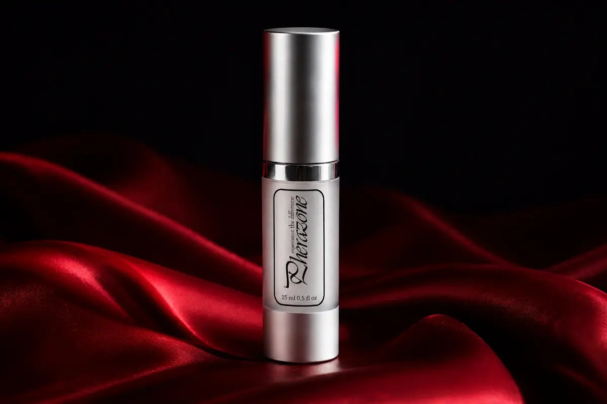 Pherazone for Men silver pheromone cologne bottle displayed on red silk