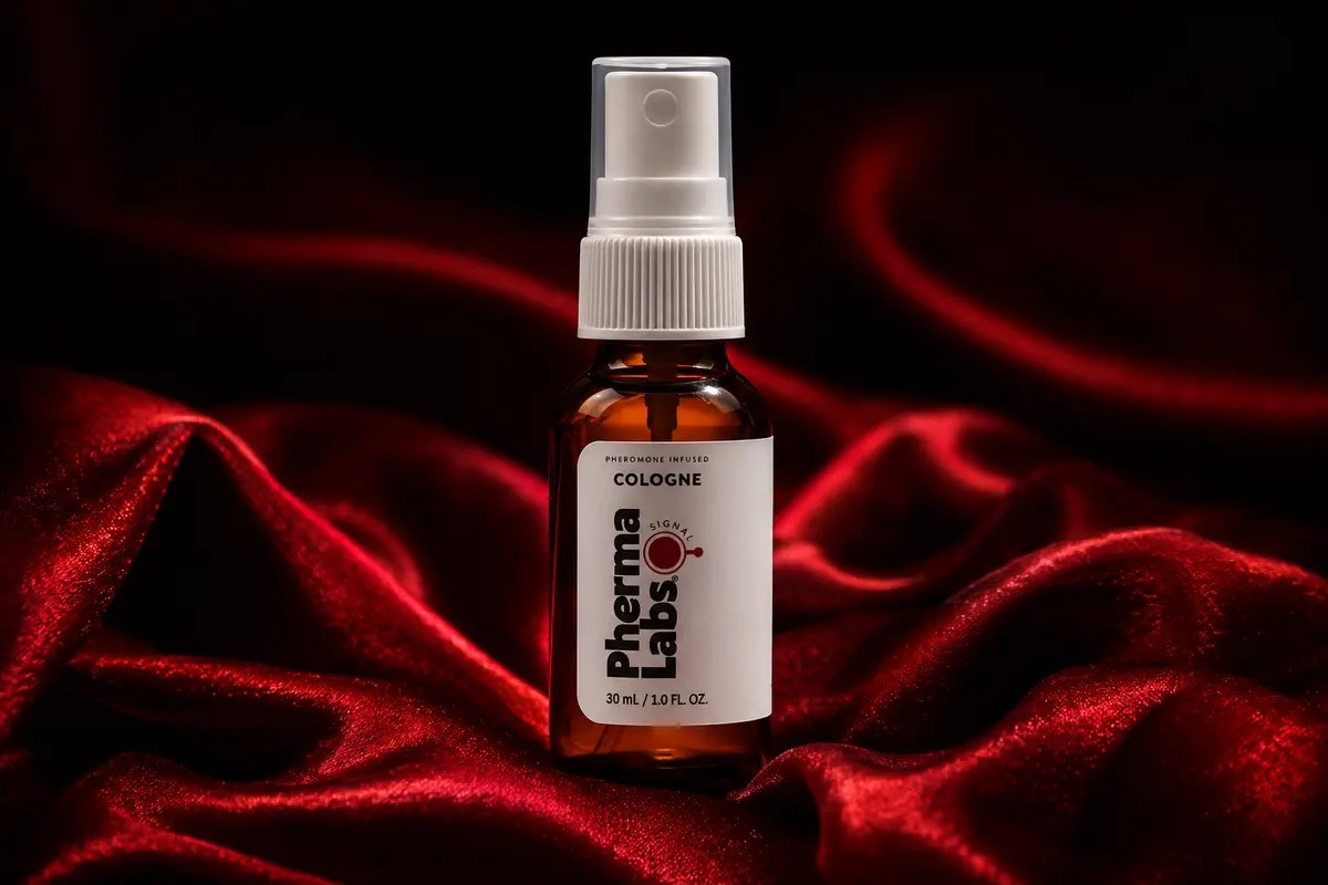 PHERMALABS Blue pheromone cologne spray bottle displayed on red silk